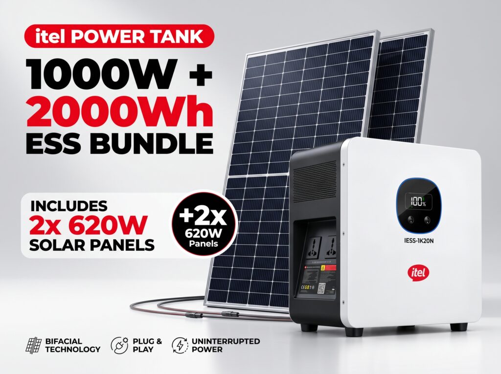 itel Power Tank 1000W 2000Wh All-in-One Solar Generator Bundle 2x 620W Panels